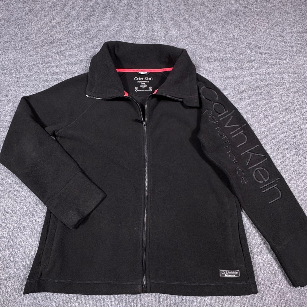 Calvin Klein Performance Womens Fleece Jacket Black Full Zip Logo Sleeve Large